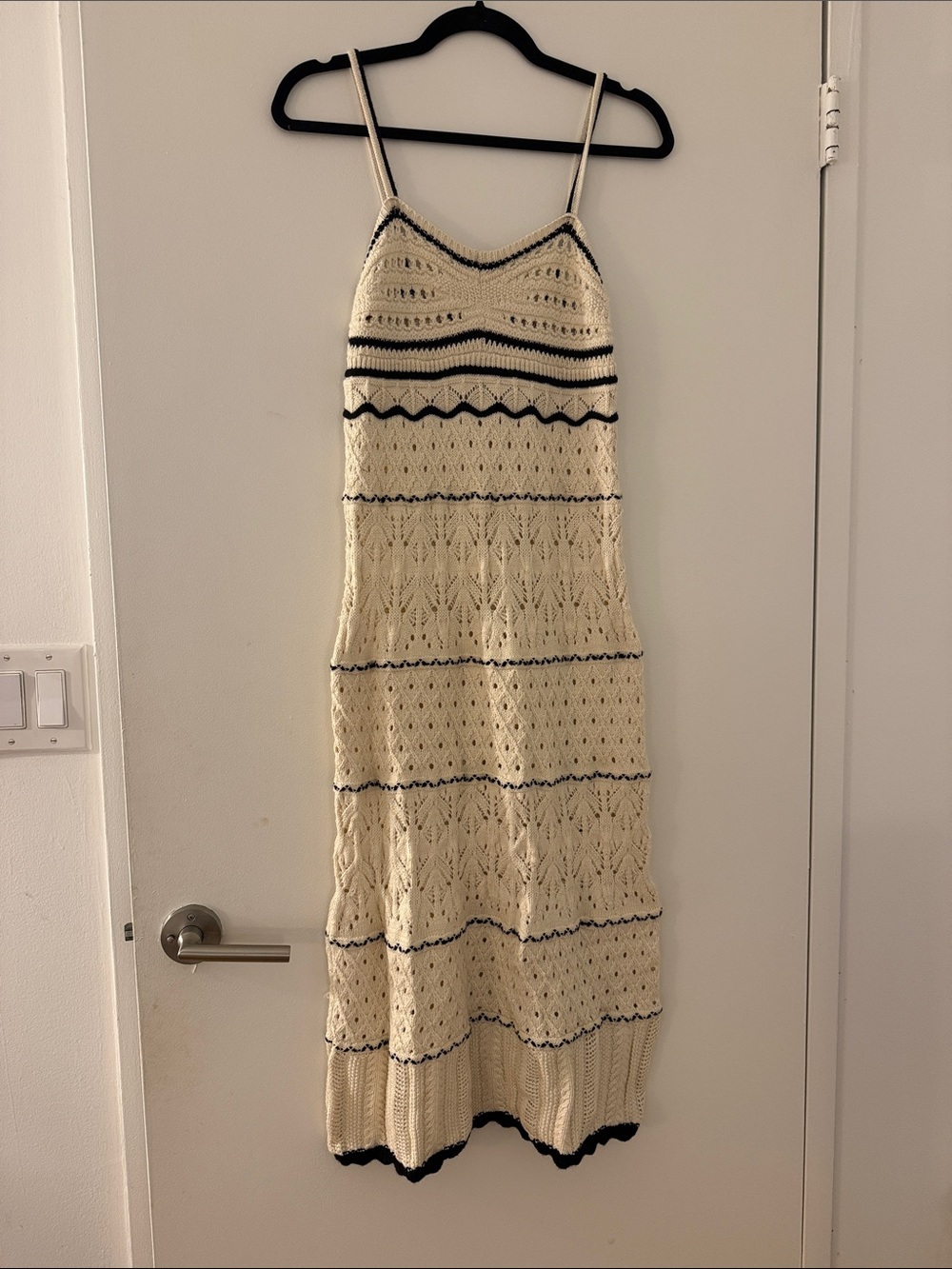 Cream Crochet Midi Dress with Black Trim - Sleeveless Knit Dress